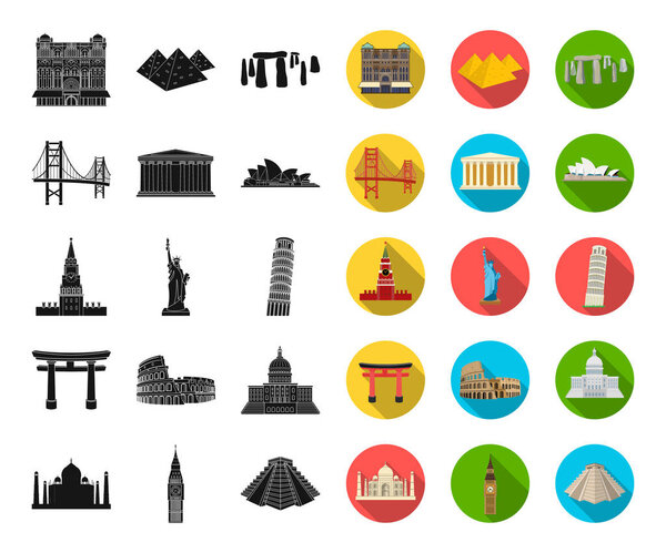 Sights of different countries black,flat icons in set collection for design. Famous building vector symbol stock web illustration.