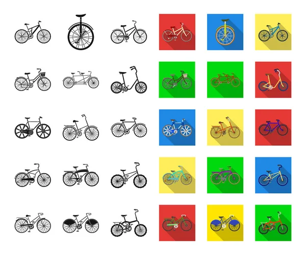 Varie Biciclette Nere Icone Piatte Collezione Set Design Tipo Trasporto — Vettoriale Stock