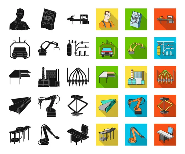 Apparatuur en machine zwart, plat pictogrammen in set collectie voor design. Vooruitgang van de techniek van de fabriek vectorillustratie symbool voorraad web. — Stockvector