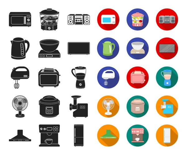 Types d'appareils électroménagers noir, icônes plates dans la collection de jeu pour la conception.Matériel de cuisine symbole vectoriel illustration web stock . — Image vectorielle