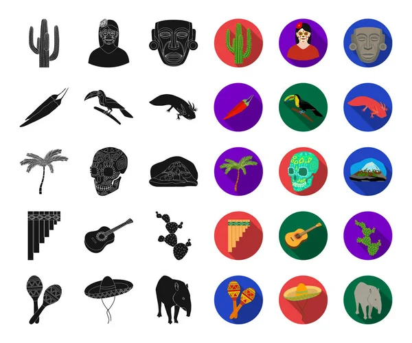 Ülke Meksika siyah, düz simgeler set koleksiyonu tasarım için. Meksika ve dönüm noktası sembol stok web illüstrasyon vektör.