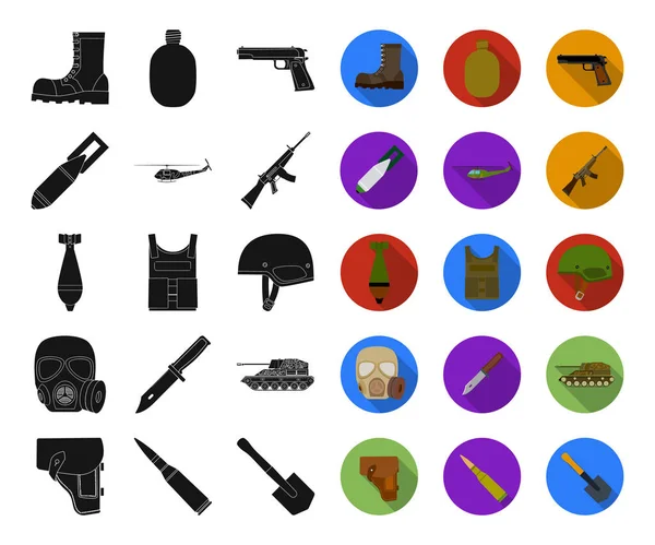 Tentara dan persenjataan hitam, ikon datar dalam koleksi set untuk desain. Simbol senjata dan peralatan vektor gambar web stok . - Stok Vektor