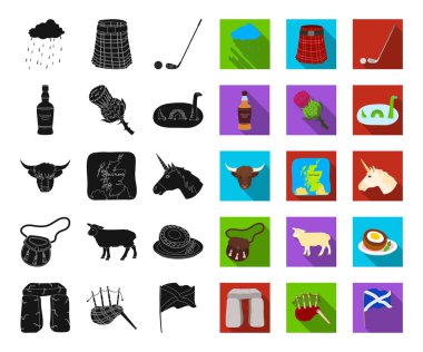 Ülke İskoçya siyah, düz simgeler set koleksiyonu tasarım için. Gezi, kültür ve gelenek sembol stok web illüstrasyon vektör.