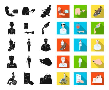 İlaç ve tedavi siyah, düz simgeler set koleksiyonu tasarım için. Hastane ve ekipman sembol stok web illüstrasyon vektör.