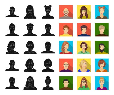 Avatar ve yüz siyah, düz simgeler set koleksiyonu tasarım için. Bir kişi görünümü vektör simge stok web çizim.