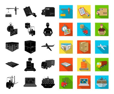 Lojistik ve teslimat siyah, düz simgeler set koleksiyonu tasarım için. Taşıtlar ve donatımı izometrik vektör simge stok web çizim.