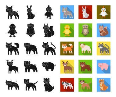 Oyuncak hayvanlar siyah, düz simgeler set koleksiyonu tasarım için. Kuş, predator ve otobur sembol stok web illüstrasyon vektör.