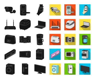 Set koleksiyonu tasarım için akıllı ev aletleri siyah, düz simgeler. Modern ev aletleri sembol stok web illüstrasyon vektör.