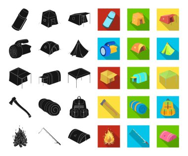Set koleksiyonu tasarım için çadır siyah, düz simgeler farklı türde. Resimde web geçici barınak ve vektör simge stok konut.