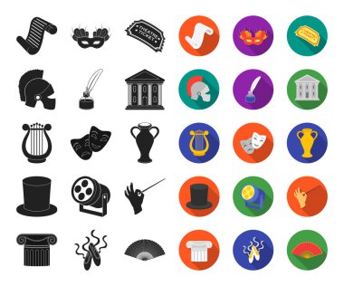 Tiyatro sanat siyah, düz simgeler set koleksiyonu tasarım için. Tiyatro donanımları ve aksesuarları sembol stok web illüstrasyon vektör.
