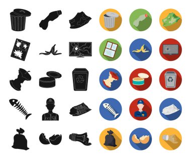 Çöp ve atık siyah, düz simgeler set koleksiyonu tasarım için. Temizlik çöp vektör simge stok web çizimi.