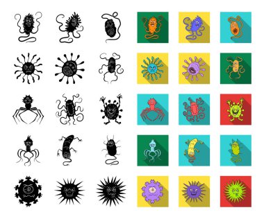 Set koleksiyonu tasarım için komik mikroplar siyah, düz simgeler türleri. Patojenik mikroplar sembol stok web illüstrasyon vektör.