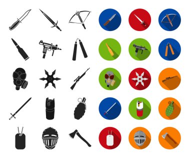 Set koleksiyonu tasarım için silah siyah, düz simgeler türleri. Ateşli silahlar ve kanatlı silah sembol stok web illüstrasyon vektör.