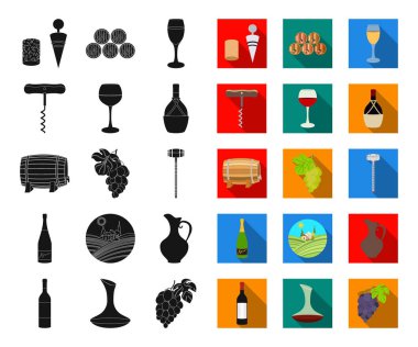 Set koleksiyonu tasarım için şarap ürünleri siyah, düz simgeler. Sembol stok web illüstrasyon vektör ekipman ve şarap üretimi.