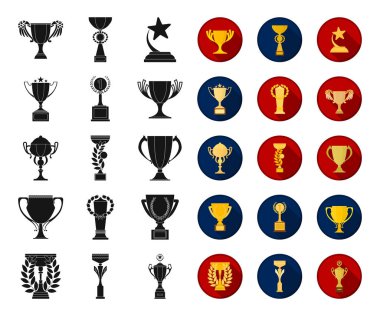 Set koleksiyonu tasarım için altın Kupası siyah, düz simgeler. Kazananlar Kupası vektör simge stok web çizim.