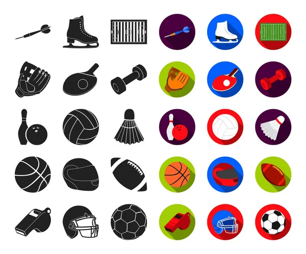 Différents types de sports noirs, des icônes plates dans la collection ensemble pour le design. Matériel de sport symbole vectoriel stock illustration web . — Image vectorielle