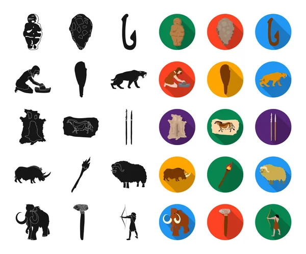 La vida en la Edad de Piedra negro, iconos planos en la colección de conjuntos para el diseño. Antigua gente vector símbolo stock web ilustración . — Vector de stock