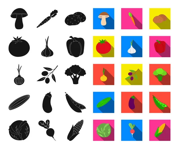 Different kinds of vegetables black, flat icons in set collection for design. Овощи и витамины векторные символы веб-иллюстрация . — стоковый вектор