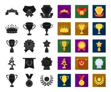 Kupalar ve ödüller siyah, düz simgeler set koleksiyonu tasarım için. Sembol stok web illüstrasyon vektör ödül ve başarı.