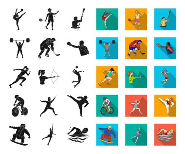 Set koleksiyonu tasarım için spor siyah, düz simgeler farklı türde. Atlet, yarışmalar sembol stok web illüstrasyon vektör.