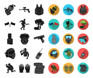Paintball Takım oyun siyah, düz simgeler set koleksiyonu tasarım için. Ekipman ve kıyafet sembol stok web illüstrasyon vektör.