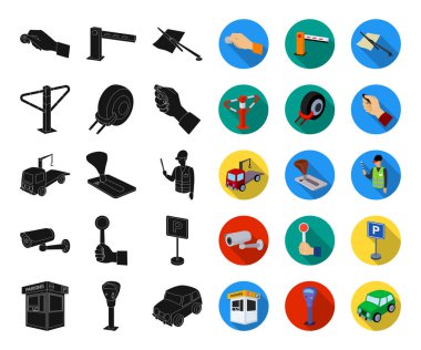 Arabalar için set koleksiyonu tasarım için siyah, düz simgeler otopark. Ekipman ve hizmet vektör simgesi web illüstrasyon stok.