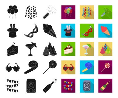 Set koleksiyonu tasarım için parti, eğlence siyah, düz simgeler. Vektör simge stok web illüstrasyon kutlama ve tedavi.