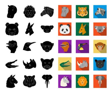 Vahşi hayvan siyah, düz simgeler set koleksiyonu tasarım için. Mammal ve kuş sembol stok web illüstrasyon vektör.