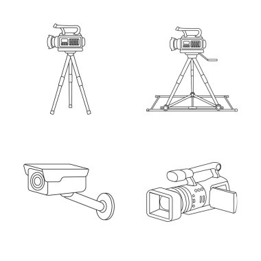 Video kamera ve fotoğraf makinesi simge vektör tasarımı. Web için video kamera ve gösterge tablosu hisse senedi simgesi kümesi.