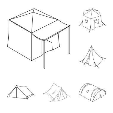 Çadır ve kamp simgesi yalıtılmış nesne. Çadır ve orman hisse senedi vektör çizim seti.