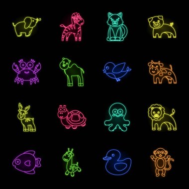 Set koleksiyonu tasarım için bir gerçekçi olmayan neon hayvan simgeler. Oyuncak hayvanlar sembol stok web illüstrasyon vektör.