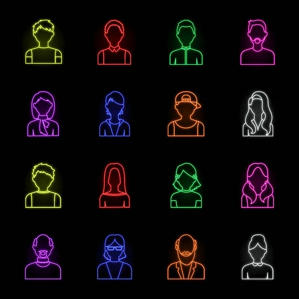 Avatar en gezicht neon icons in set collectie voor design. Een personen uiterlijk symbool voorraad web vectorillustratie. — Stockvector