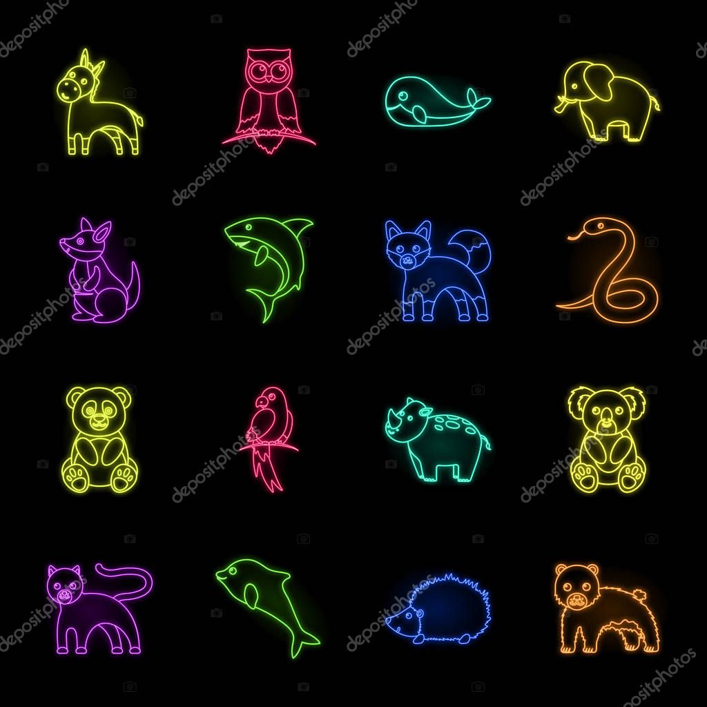An unrealistic animal neon icons in set collection for design. Toy animals vector symbol stock illustration.
