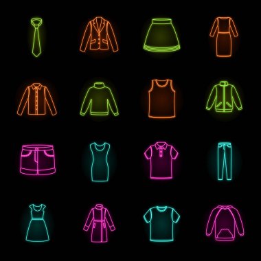 Giysi neon simgeleri set koleksiyonu tasarım için farklı türde. Giyim ve stil sembol stok illüstrasyon vektör.