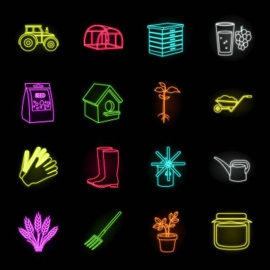 Set koleksiyonu tasarım için Tarım ve bahçecilik neon simgeler. Çiftlik ve ekipman sembol stok web illüstrasyon vektör.