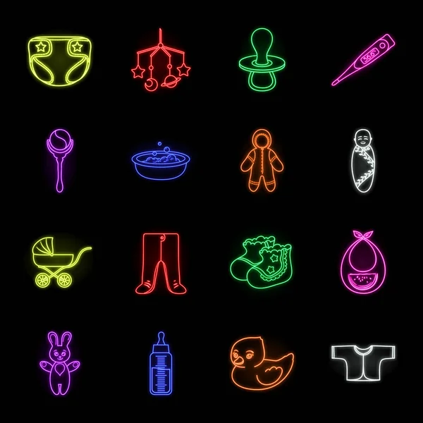 Geboorte van een baby neon icons in set collectie voor design. Pasgeboren en accessoires vector symbool voorraad web illustratie. — Stockvector