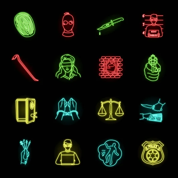Misdaad en straf neon icons in set collectie voor design. Criminele symbool voorraad web vectorillustratie. — Stockvector
