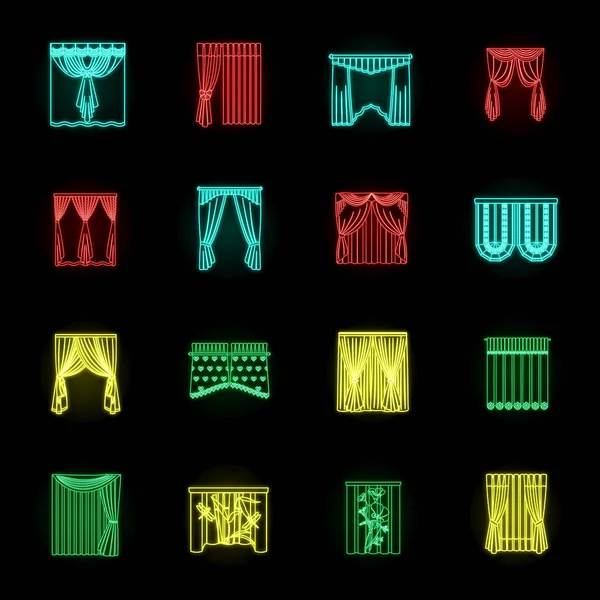 Diferentes tipos de cortinas ícones de néon na coleção de conjuntos para design. Cortinas e lambrequim símbolo vetorial ilustração web . —  Vetores de Stock