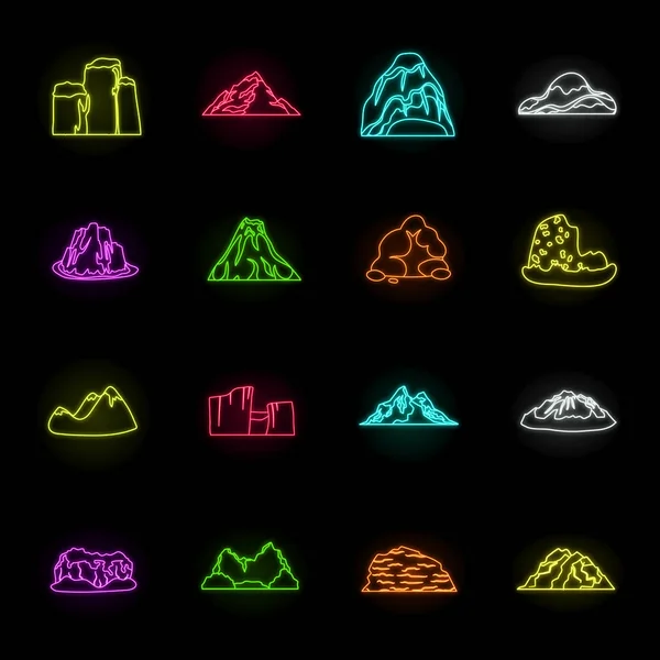 Different mountains neon icons in set collection for design.Mountains and landscape vector symbol stock web illustration. — Stock Vector