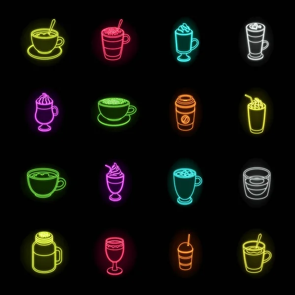 Different kinds of coffee neon icons in set collection for design. Coffee drink vector symbol stock web illustration.