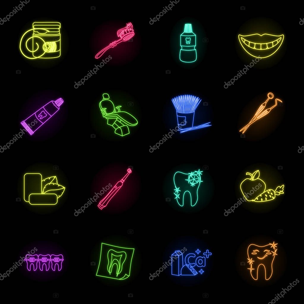 Dental care neon icons in set collection for design. Care of teeth vector symbol stock  illustration.