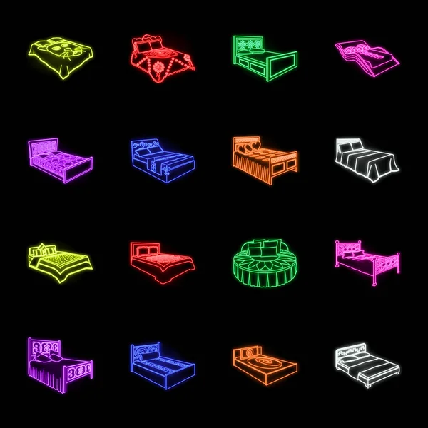 Différents lits icônes néon dans la collection ensemble pour le design. Meubles pour dormir vecteur isométrique symbole stock web illustration . — Image vectorielle