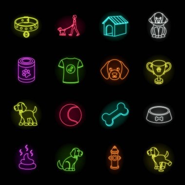 Köpek neon simgeleri set koleksiyonu tasarım için evde beslenen hayvan. Köpek yavrusu vektör simge stok web çizim için bakım.