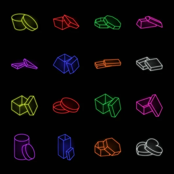 Diverse scatole icone al neon nella collezione set per il design. imballaggio scatola vettoriale simbolo stock web illustrazione . — Vettoriale Stock