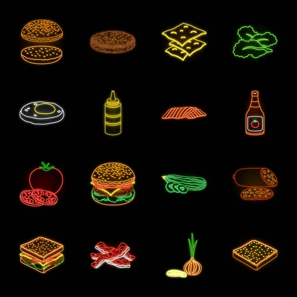 Hamburguesa e ingredientes iconos de neón en la colección de conjuntos para el diseño. Burger cocina vector símbolo stock web ilustración. — Archivo Imágenes Vectoriales