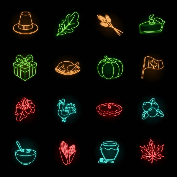 Canada Thanksgiving Day neon icons in set collection for design. Canada and Tradition vector symbol stock web illustration. — Stok Vektör