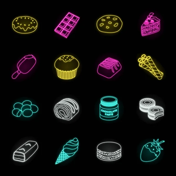 Chocolate Dessert neon icons in set collection for design. Chocolate and Sweets vector symbol stock web illustration. — Stok Vektör