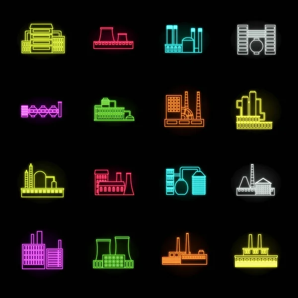 Factory and facilities neon icons in set collection for design. Factory and equipment vector symbol stock web illustration. — Wektor stockowy