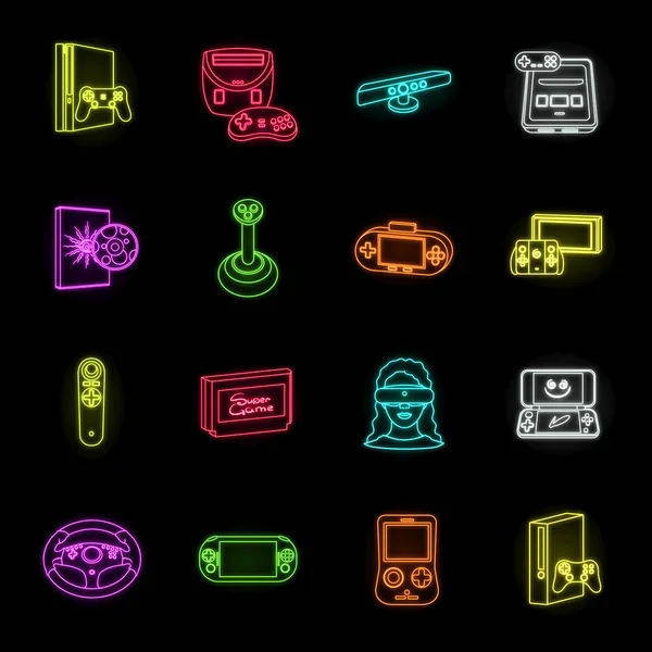 Spelkonsol och virtuell verklighet neon ikoner i set samling för design. Spel prylar vektor symbol lager web illustration. — Stock vektor