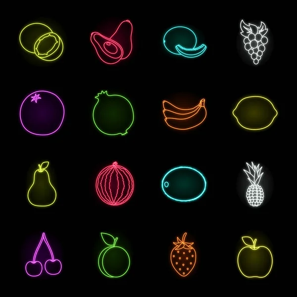 Different fruits neon icons in set collection for design. Fruits and vitamins vector symbol stock web illustration. — Stock Vector